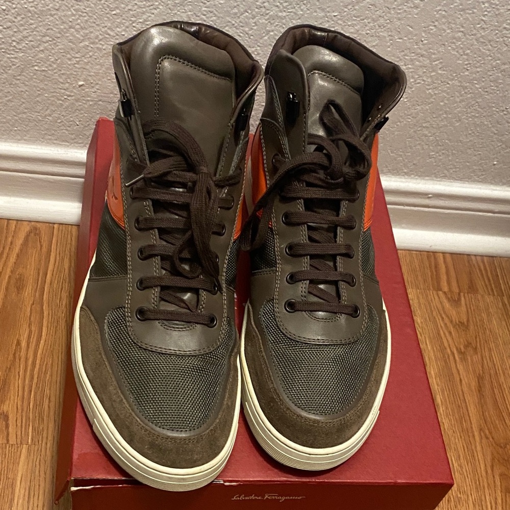 Authentic Salvatore Ferragamo Men's Brown and Orange Sneakers